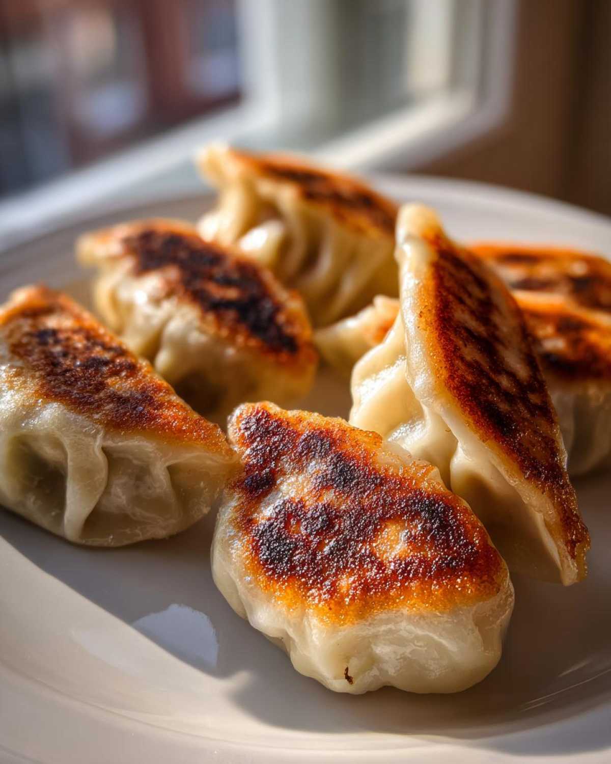 Close-up of several pan-fried Traditional Chinese Dumplings with golden-brown, crispy bottoms on a white plate.