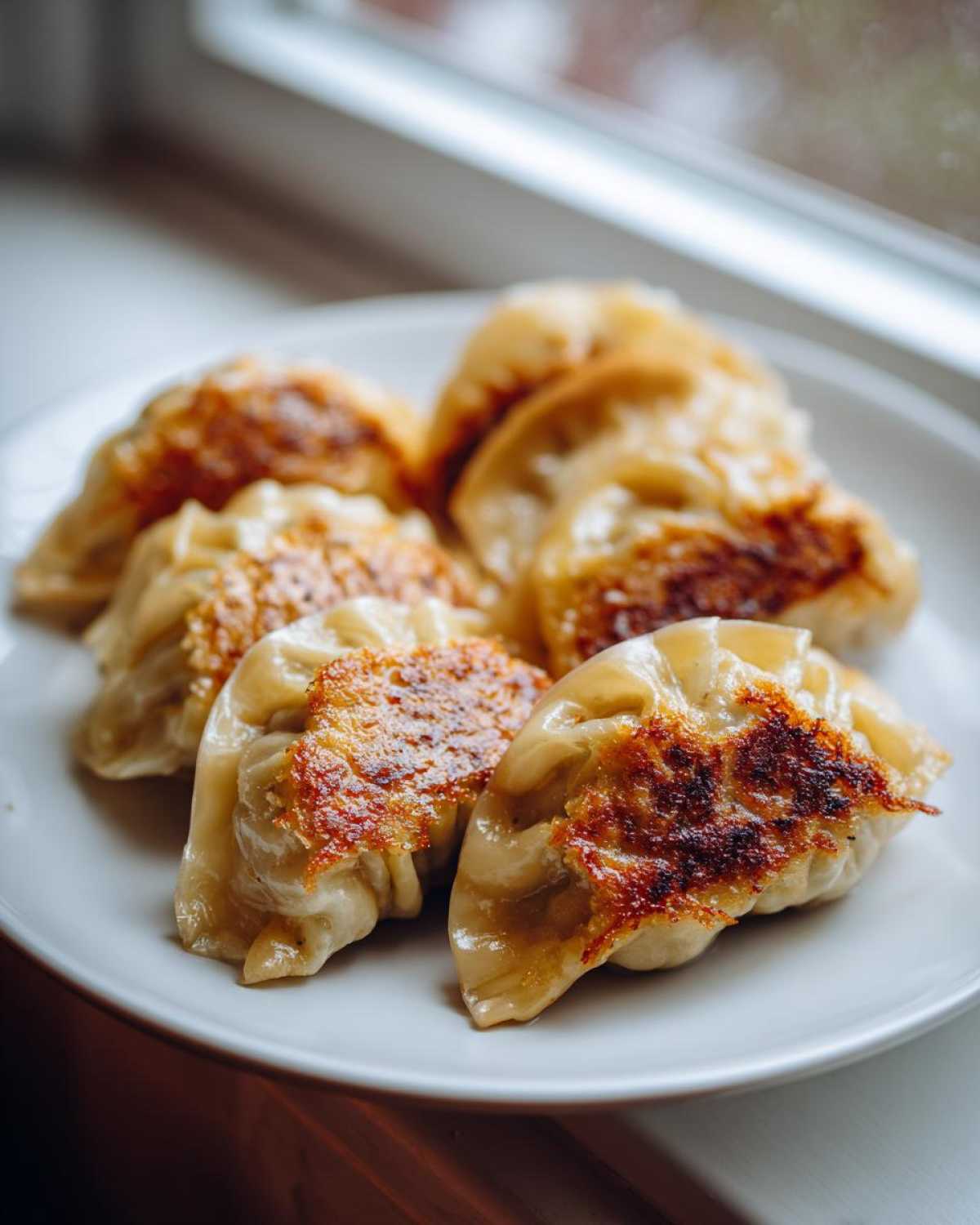 Close-up of several pan-fried Traditional Chinese Dumplings with crispy golden-brown bottoms on a white plate.
