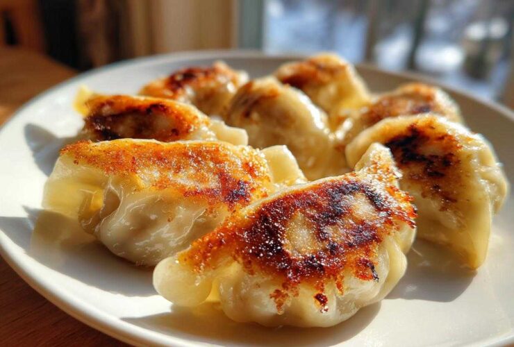 Close-up of several perfectly pan-fried Traditional Chinese Dumplings with golden-brown crispy bottoms on a white plate.