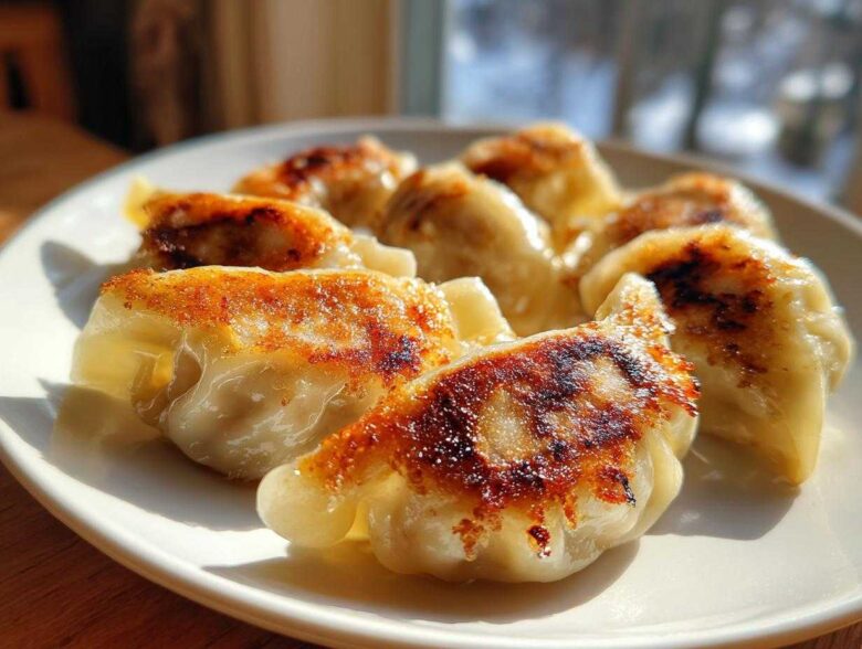 Close-up of several perfectly pan-fried Traditional Chinese Dumplings with golden-brown crispy bottoms on a white plate.