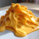 Close-up shot of thick, glossy, bright orange nacho cheese sauce piled high on a white plate.