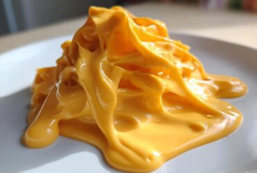 Close-up shot of thick, glossy, bright orange nacho cheese sauce piled high on a white plate.