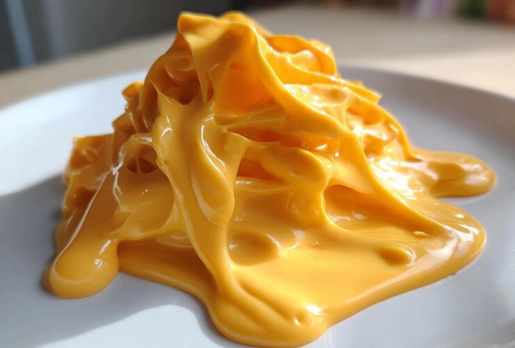 Close-up shot of thick, glossy, bright orange nacho cheese sauce piled high on a white plate.