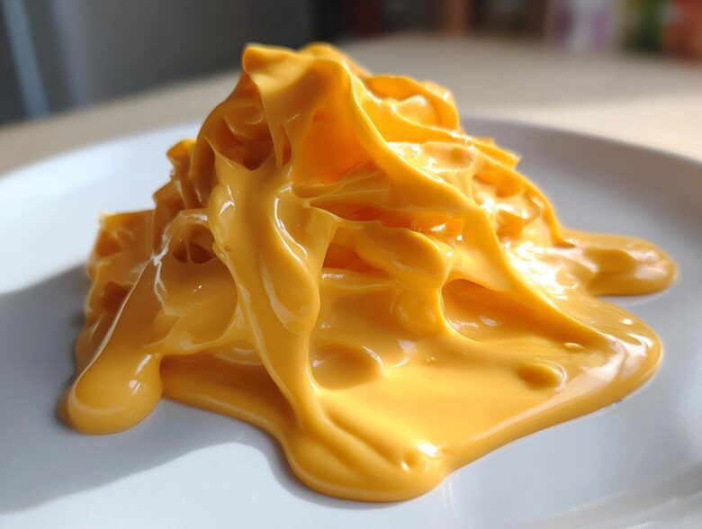 Close-up shot of thick, glossy, bright orange nacho cheese sauce piled high on a white plate.