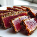 Slices of rare, perfectly Seared Ahi Tuna coated in a sesame seed crust resting on a white plate.