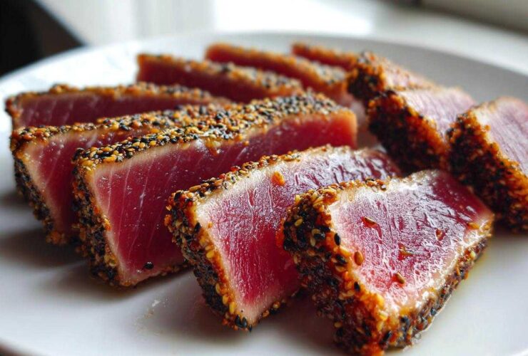 Slices of rare, perfectly Seared Ahi Tuna coated in a sesame seed crust resting on a white plate.