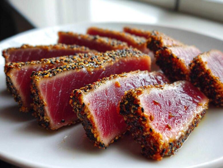 Slices of rare, perfectly Seared Ahi Tuna coated in a sesame seed crust resting on a white plate.
