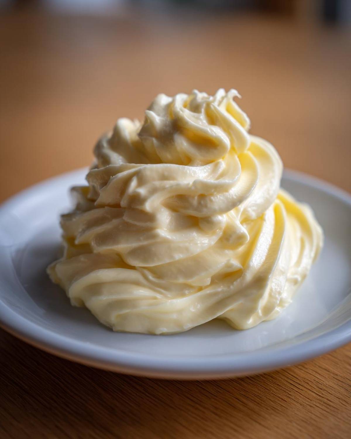 A perfect swirl of creamy, pale yellow homemade mayonnaise piped onto a small white plate.