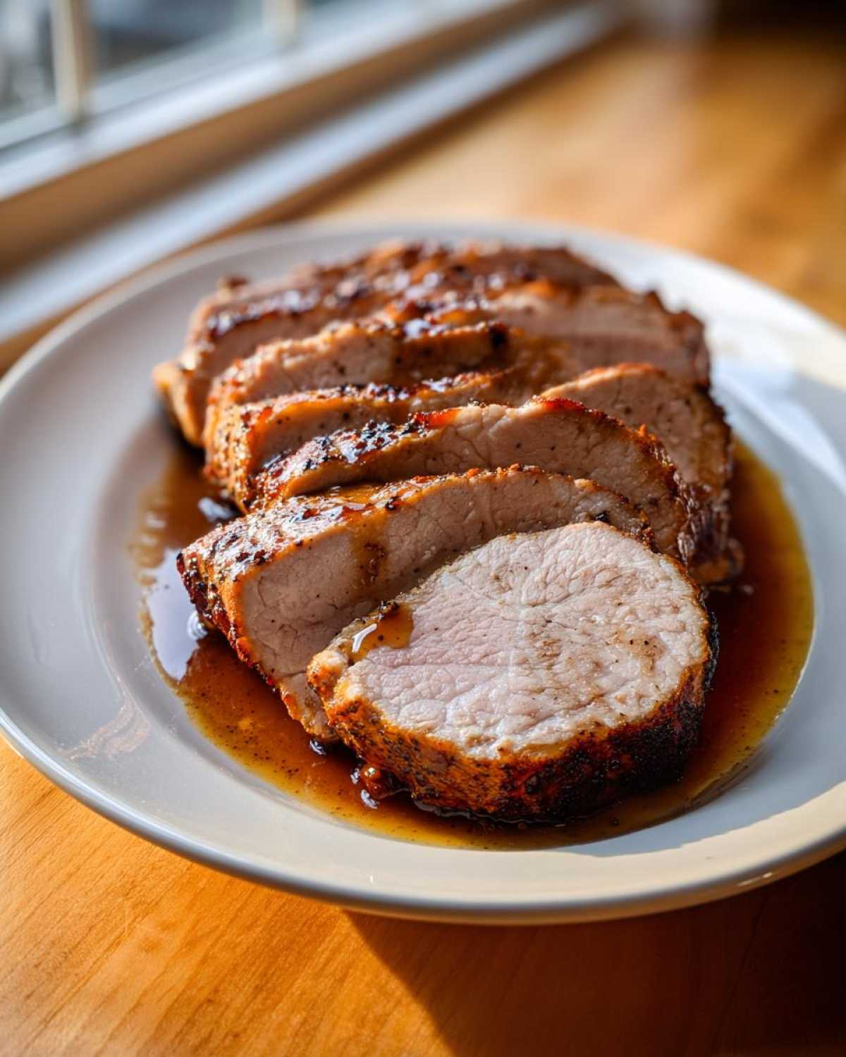 Close-up of several thick slices of juicy pork loin roast resting in its pan juices on a white plate.
