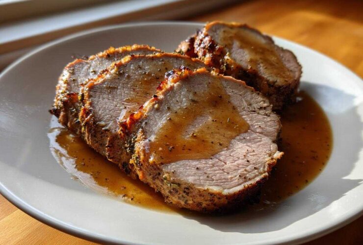 Close-up of three juicy slices of perfectly cooked pork loin roast drizzled with savory brown gravy on a white plate.