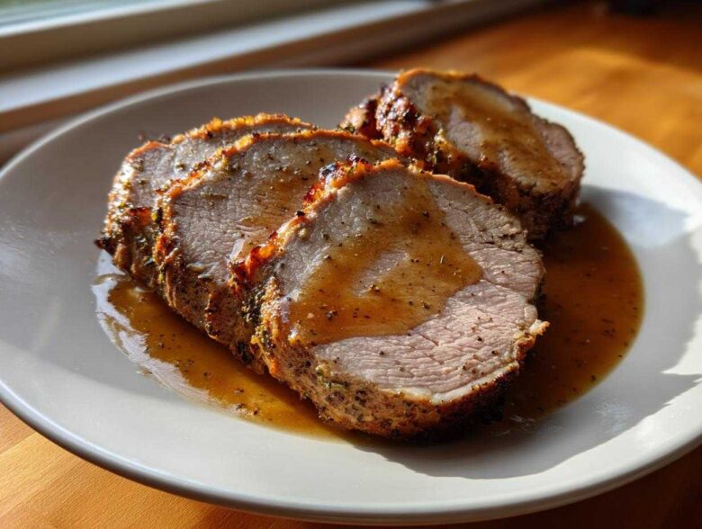 Close-up of three juicy slices of perfectly cooked pork loin roast drizzled with savory brown gravy on a white plate.