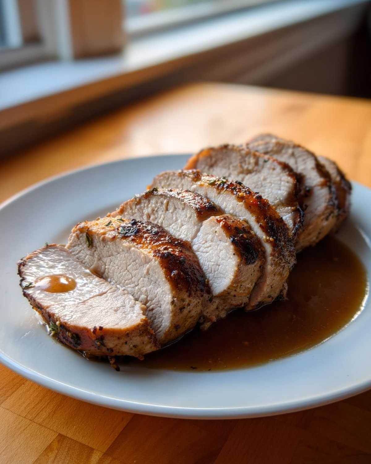 Slices of juicy, perfectly cooked pork loin roast resting in brown pan juices on a white plate.