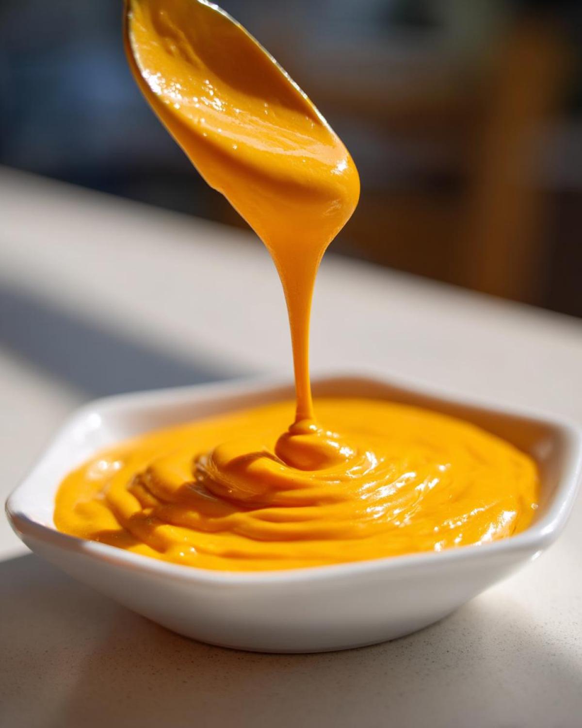 A spoonful of thick, vibrant orange nacho cheese sauce is being poured into a small white bowl.