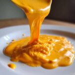 Close-up of thick, vibrant orange nacho cheese sauce being poured from a spoon onto a white plate.