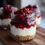 Close-up of a single-serving Protein Cheesecake in a glass jar, layered with graham crust and topped with bright red berry compote.