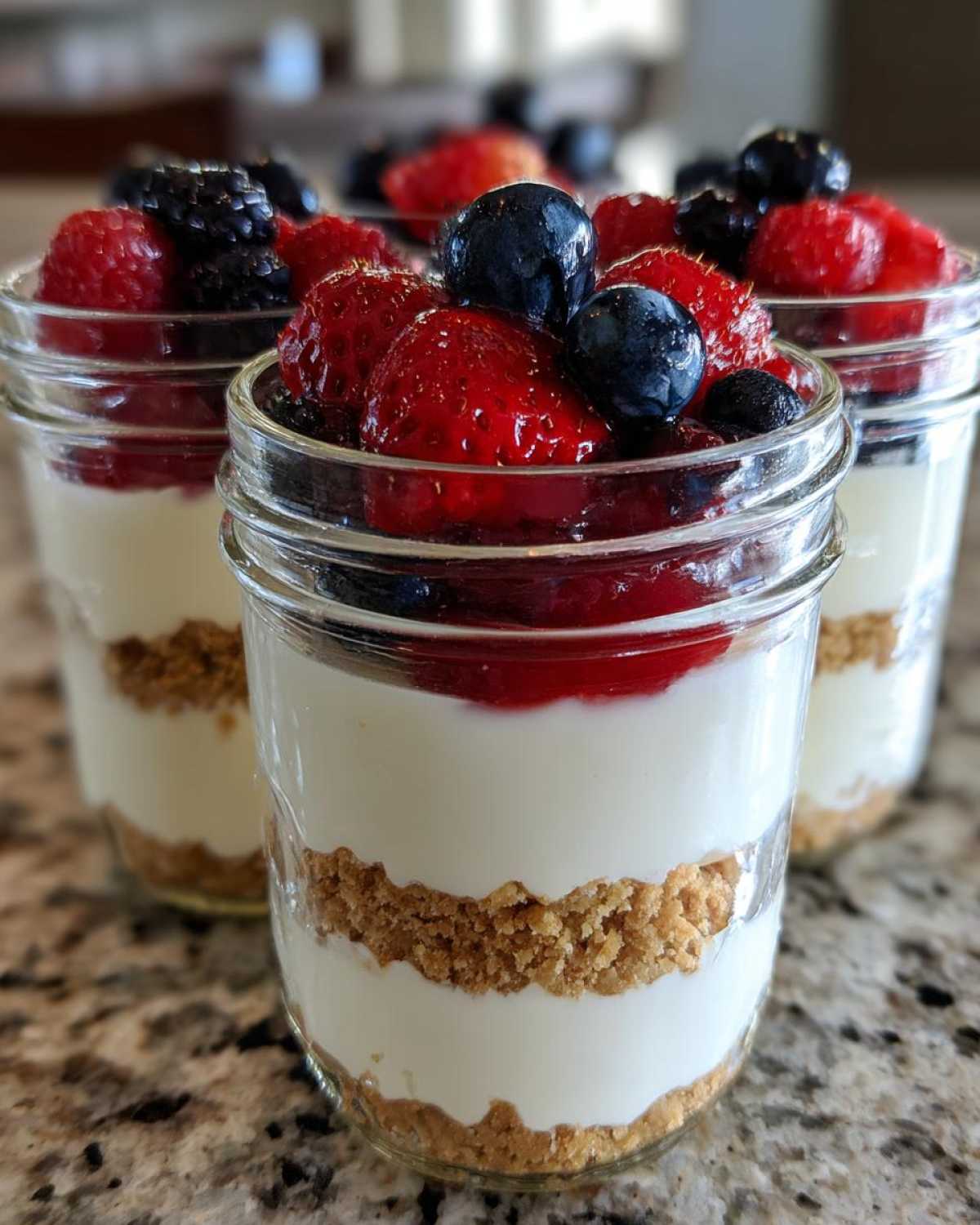 Three individual servings of Protein Cheesecake layered in small mason jars with graham cracker crust and topped with fresh mixed berries.