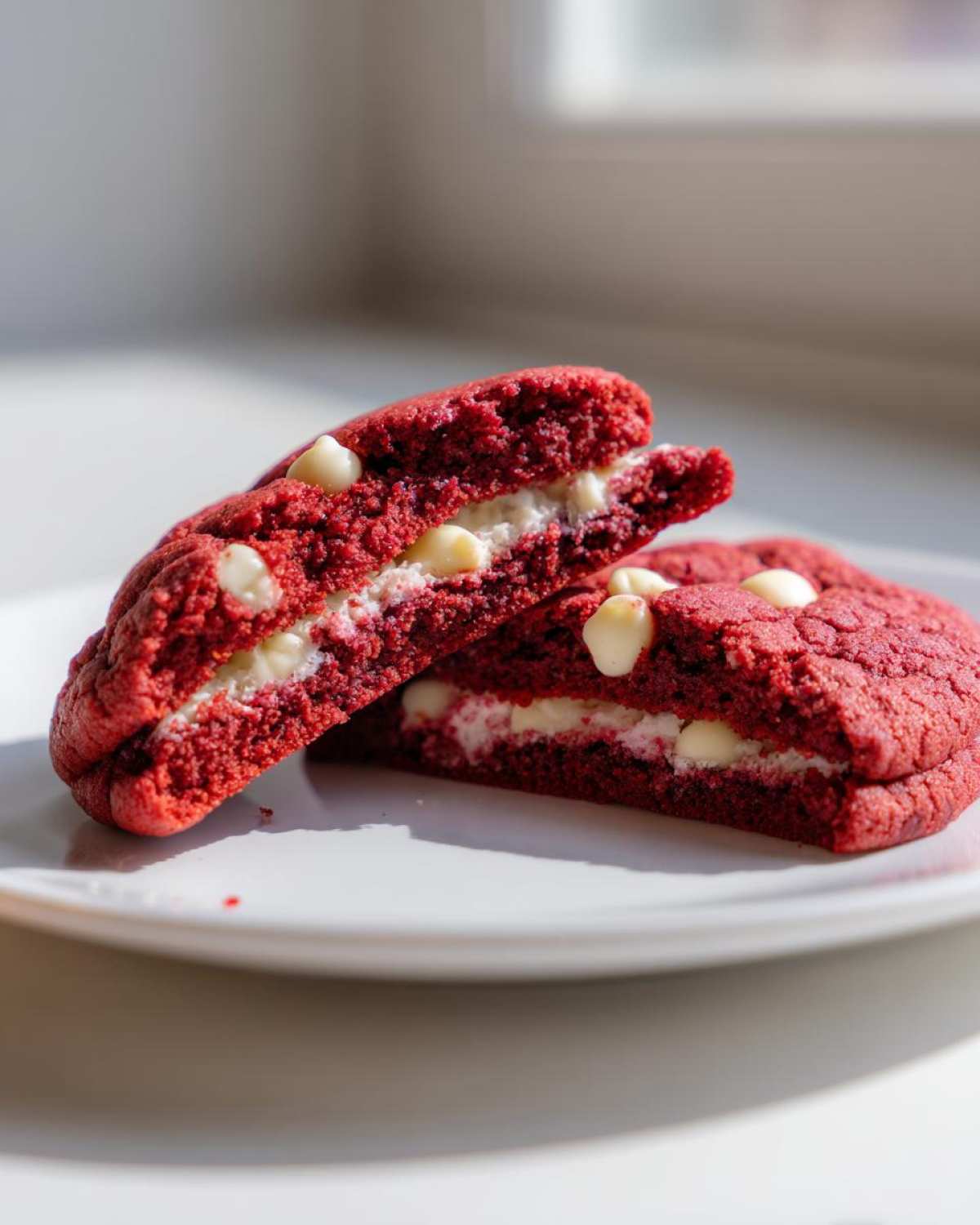 Two halves of a red velvet cake mix cookies sandwich, showing a creamy white filling and white chocolate chips.