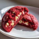 A soft red velvet cake mix cookie broken in half, revealing white chocolate chips inside, resting on a white plate.