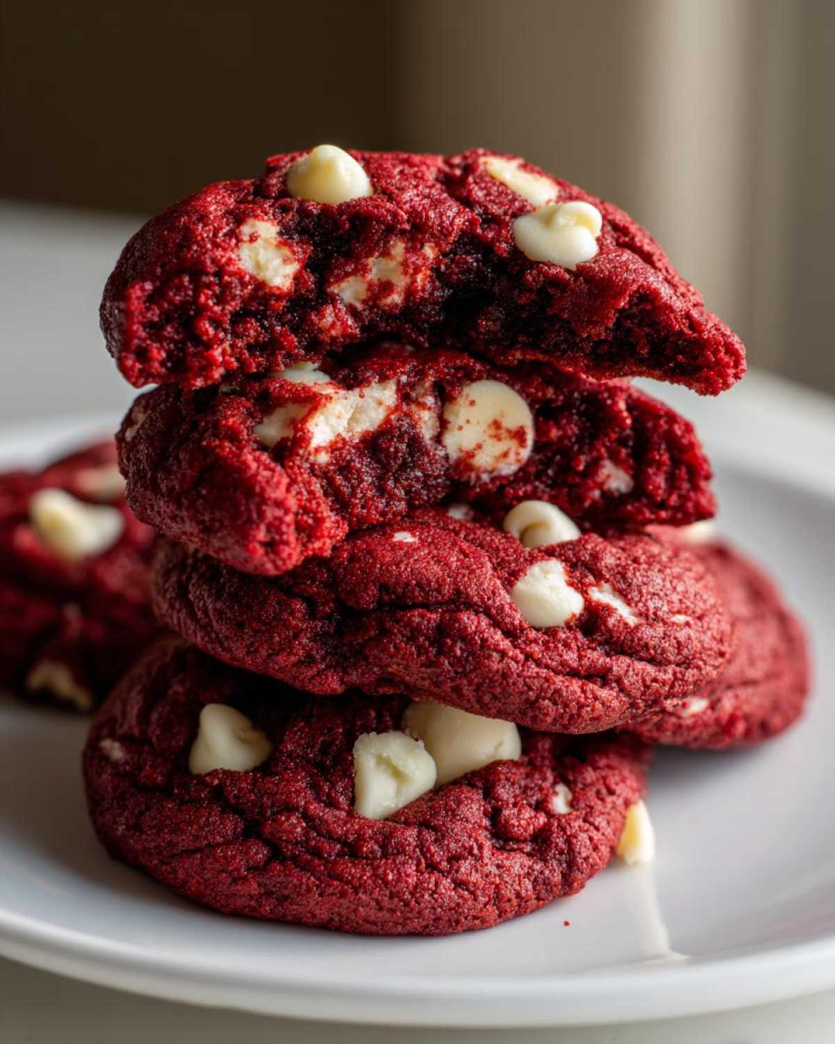 A stack of four soft, bright red velvet cake mix cookies studded with white chocolate chips, one broken open.
