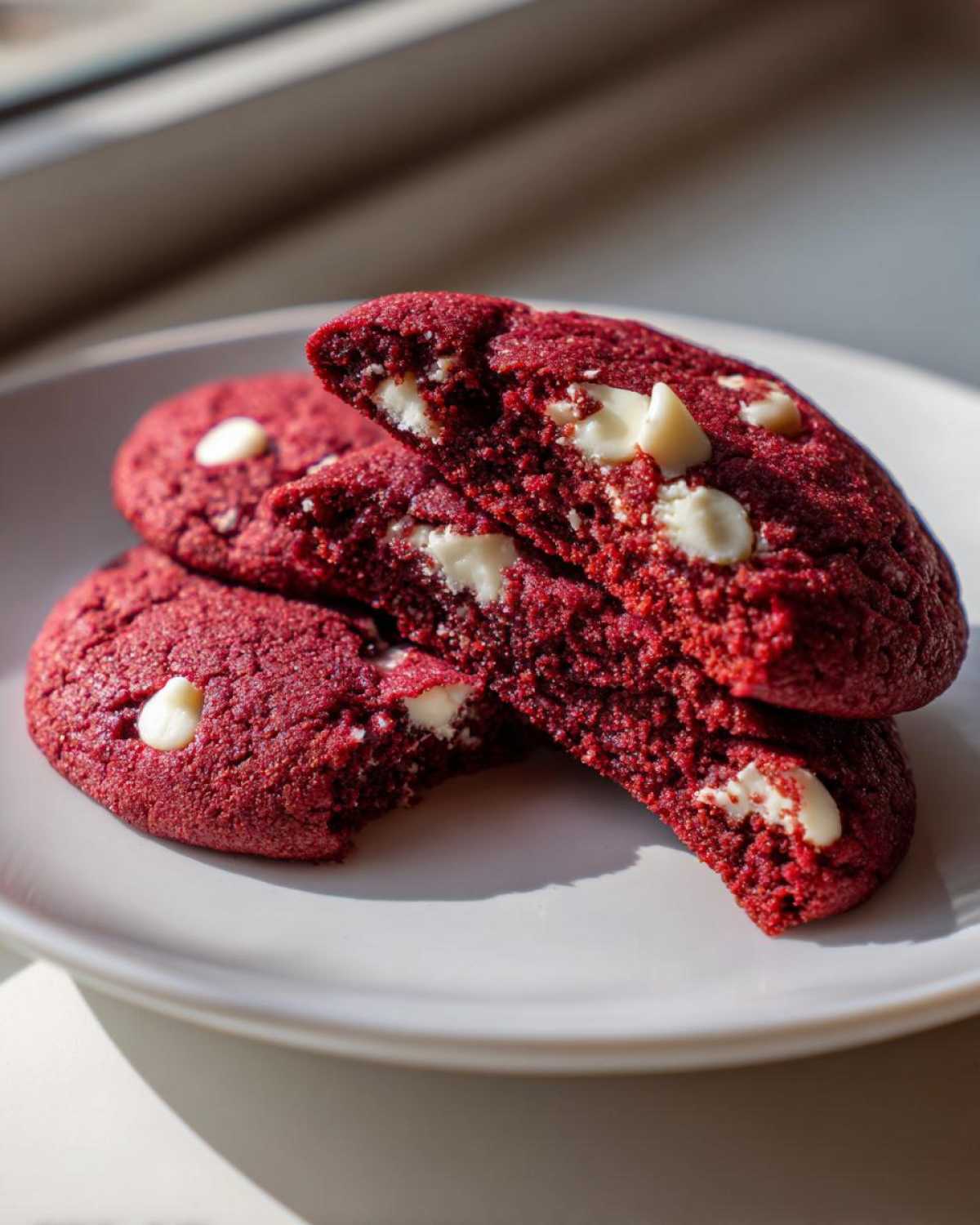 Close-up of soft red velvet cake mix cookies, one broken in half showing white chocolate chips inside.