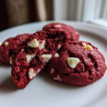 Close-up of soft, vibrant red velvet cake mix cookies with white chocolate chips on a white plate.