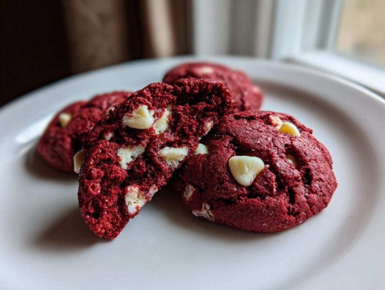 Close-up of soft, vibrant red velvet cake mix cookies with white chocolate chips on a white plate.