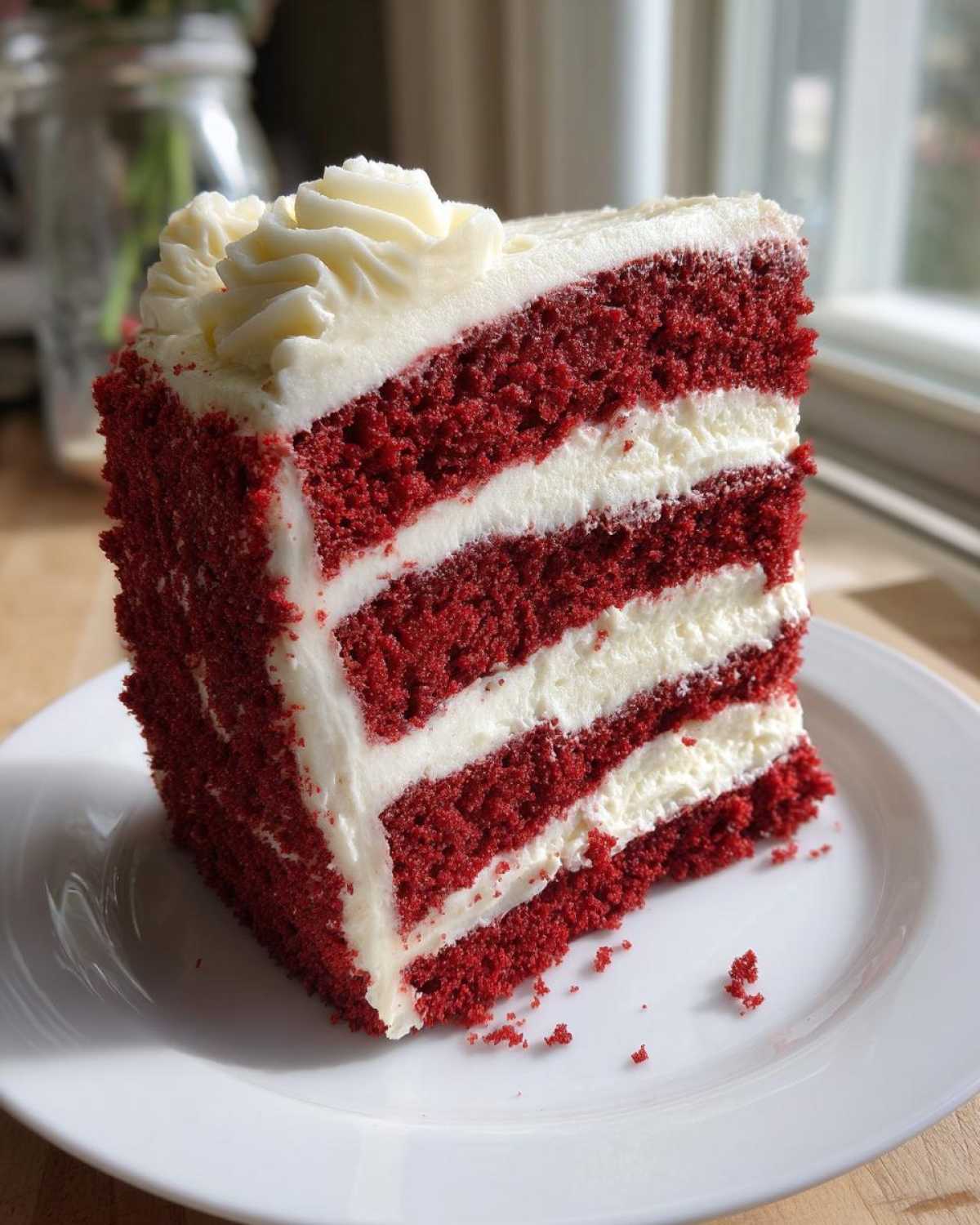 A tall, moist slice of red velvet cake showing four vibrant red layers separated by thick white cream cheese frosting.