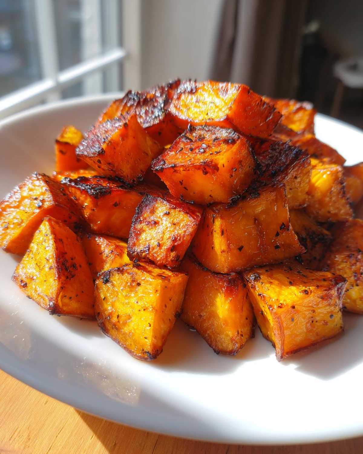 Close-up of beautifully caramelized roasted sweet potato cubes piled on a white plate.