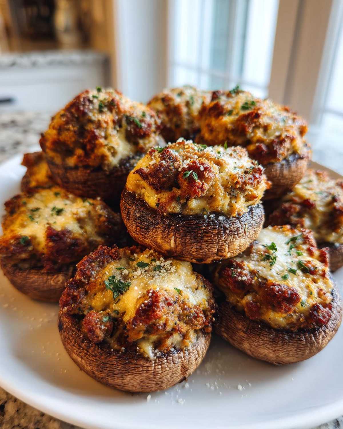 A pile of golden-brown, baked Sausage stuffed mushrooms topped with melted cheese and fresh parsley.