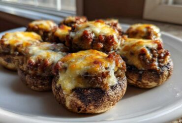 A plate of perfectly baked sausage stuffed mushrooms topped with golden, melted cheese.