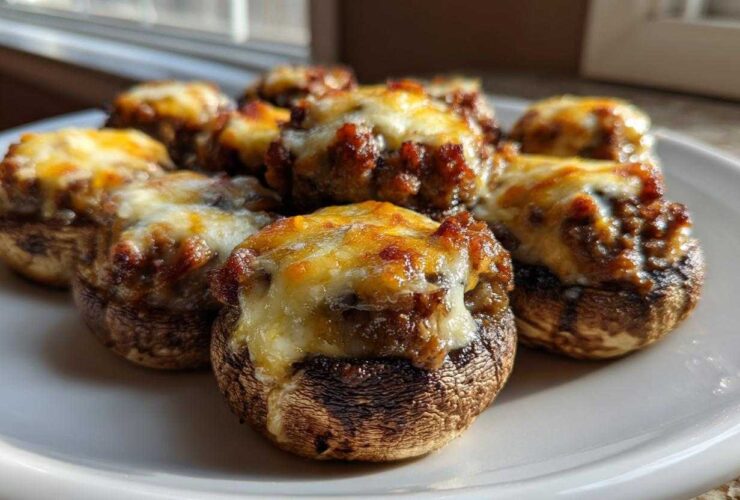 A plate of perfectly baked sausage stuffed mushrooms topped with golden, melted cheese.