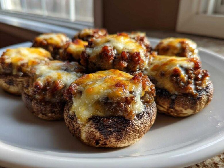 A plate of perfectly baked sausage stuffed mushrooms topped with golden, melted cheese.