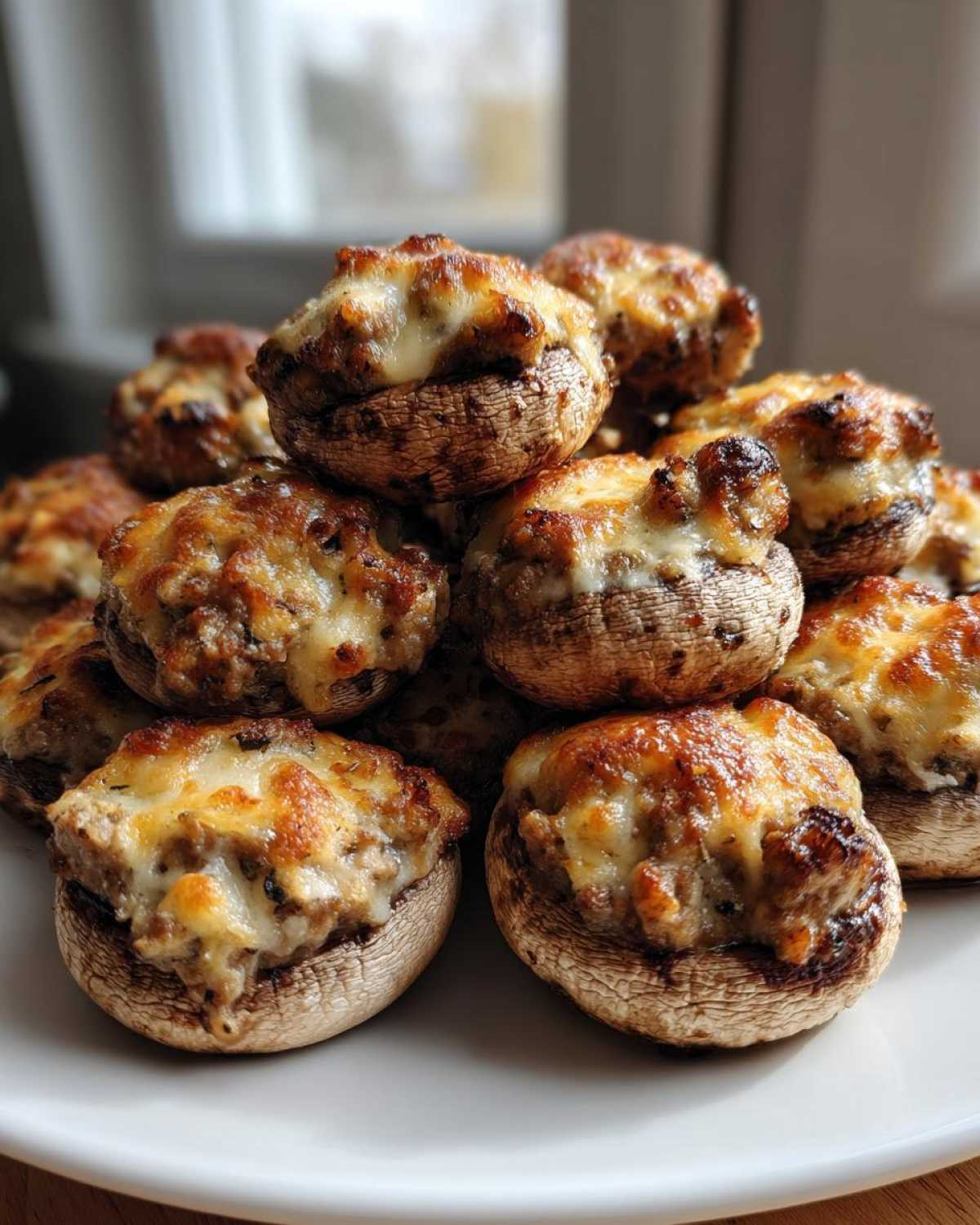 A stack of golden-brown sausage stuffed mushrooms topped with melted, bubbly cheese.