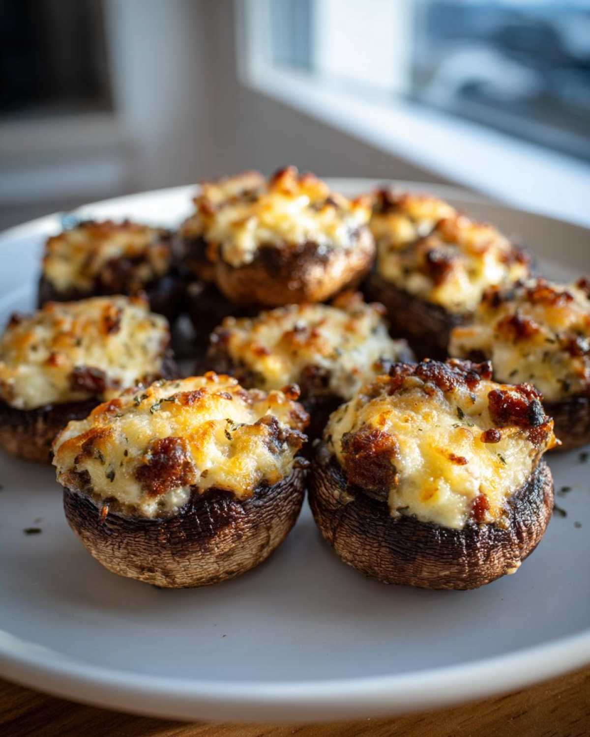 Close-up of baked sausage stuffed mushrooms with golden, melted cheese topping served on a white plate.