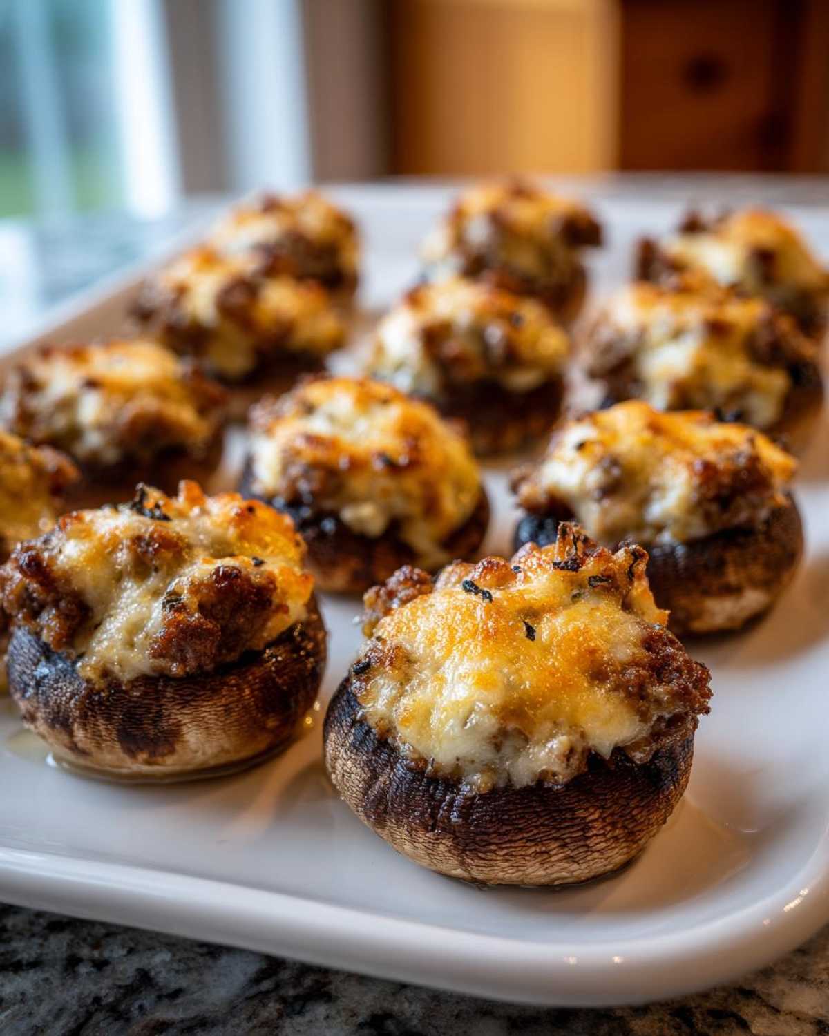 Close-up of freshly baked sausage stuffed mushrooms topped with melted, browned cheese on a white platter.