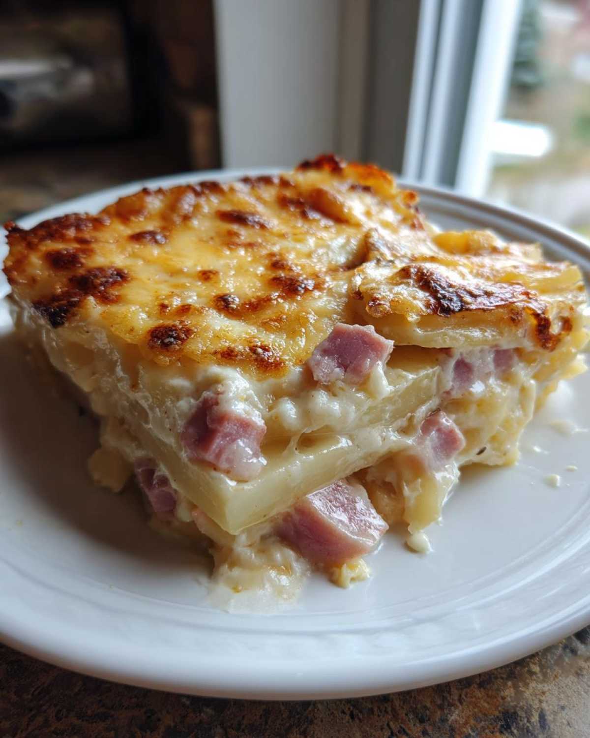 A close-up of a cheesy, layered slice of scalloped potatoes and ham served on a white plate.