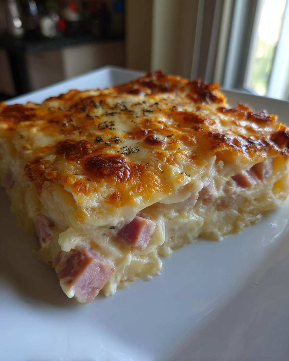 A close-up of a baked slice of creamy scalloped potatoes and ham with a golden, cheesy crust.