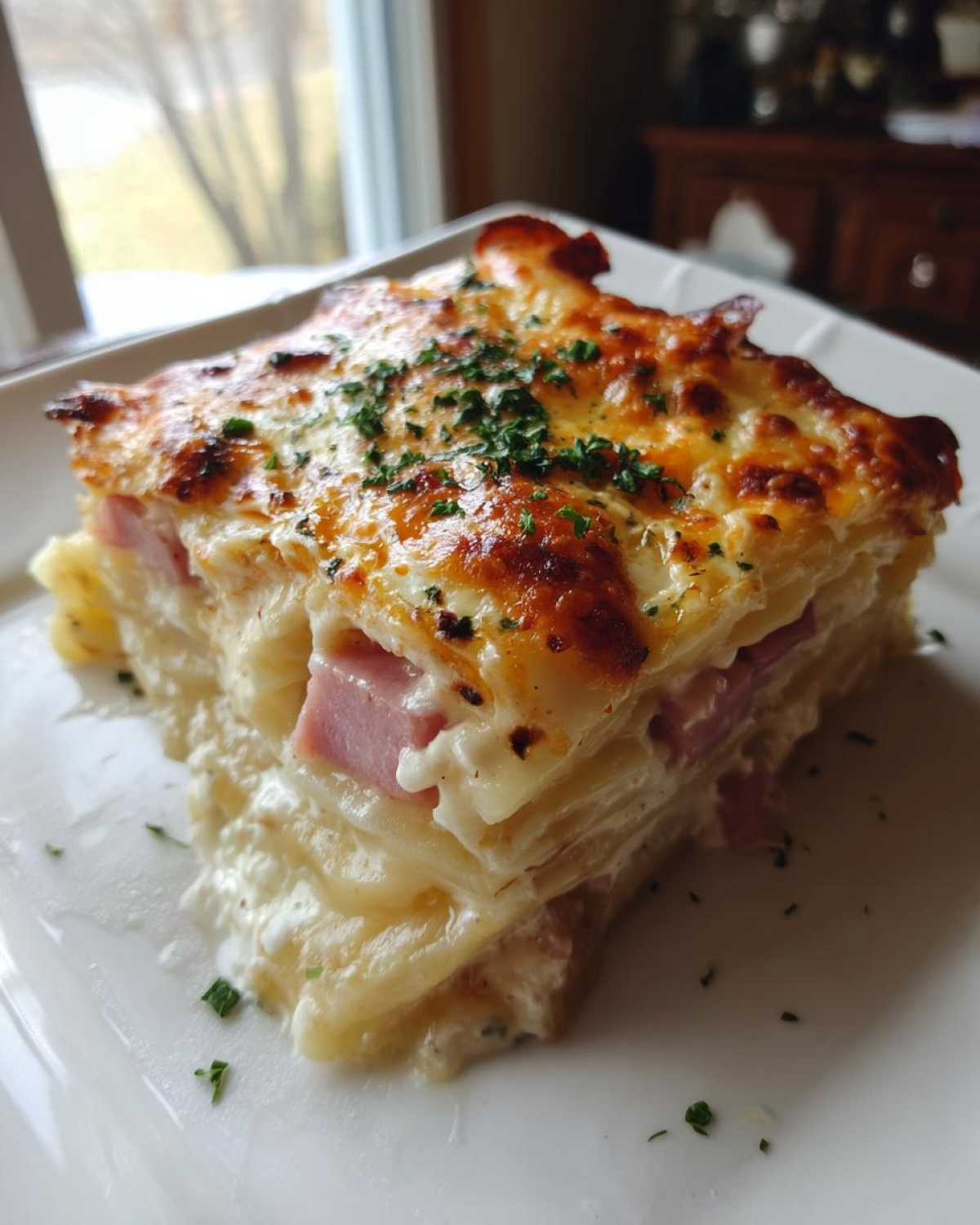 A thick slice of cheesy scalloped potatoes and ham with a golden brown, bubbly top, garnished with parsley.