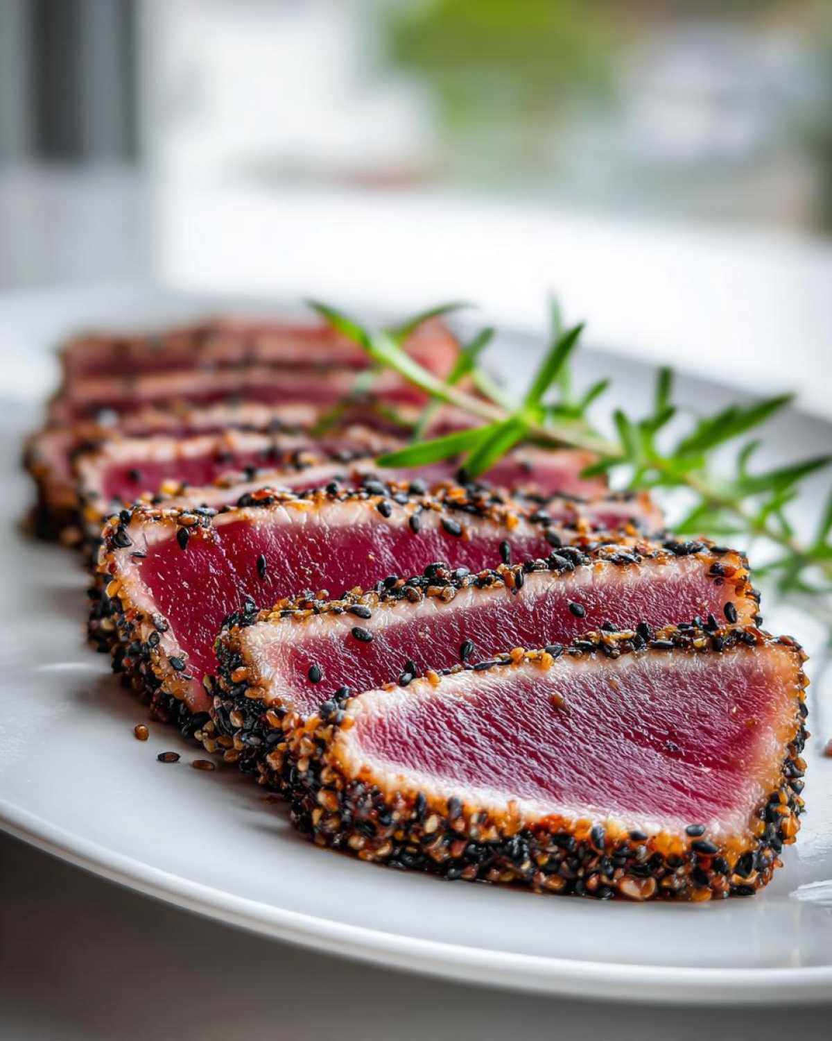Close-up of perfectly seared ahi tuna slices coated in black and white sesame seeds, garnished with rosemary.