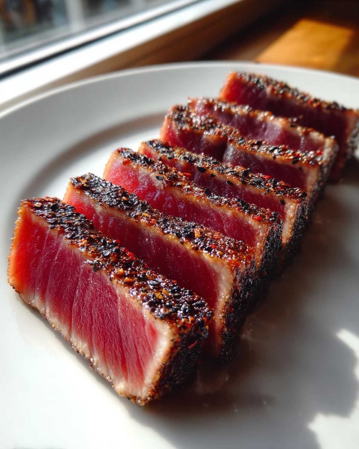 Slices of perfectly seared ahi tuna showing a deep red center and a dark pepper crust, arranged on a white plate.