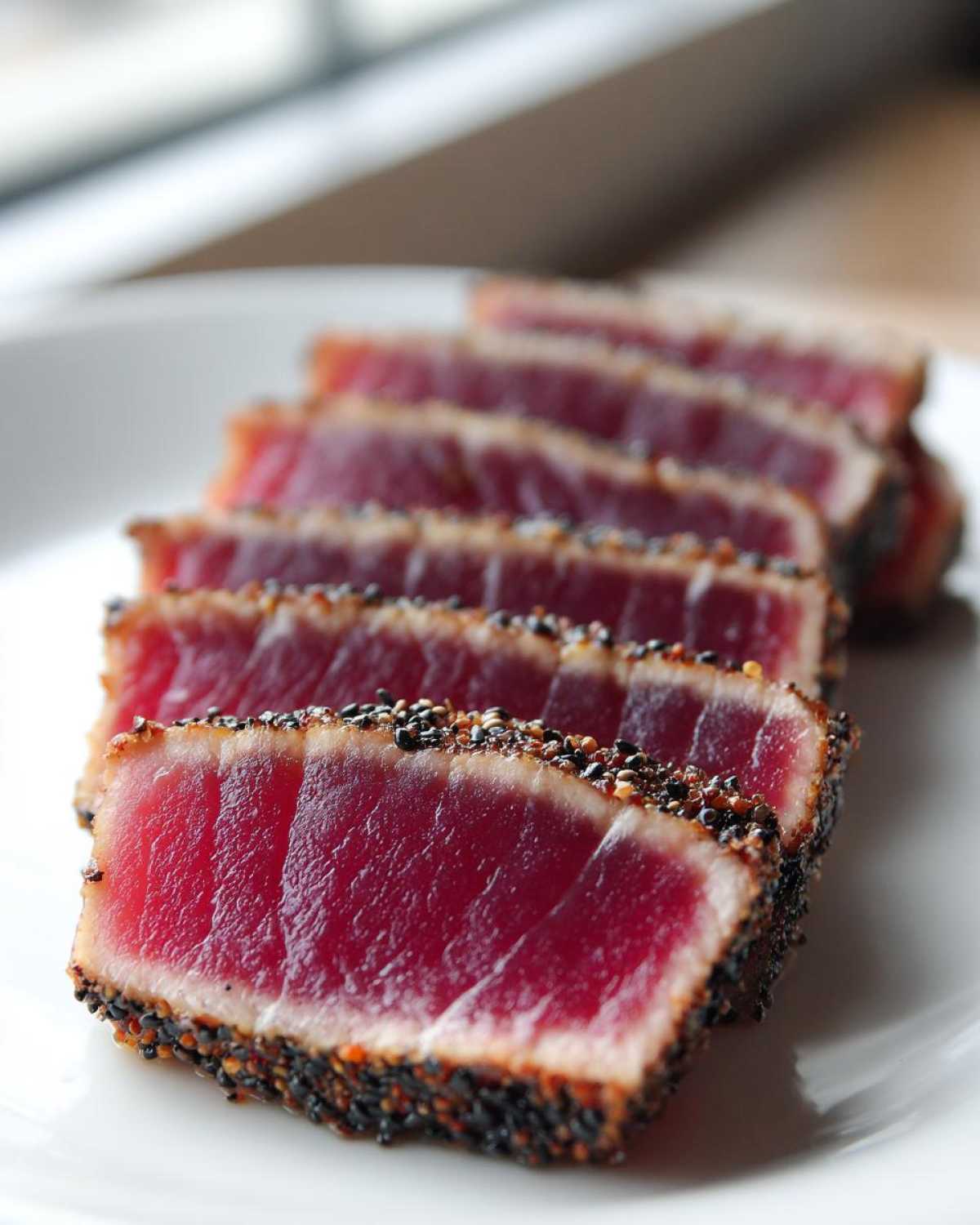 Close-up of perfectly seared Ahi Tuna slices, showing a dark sesame seed crust and rare, deep red center.