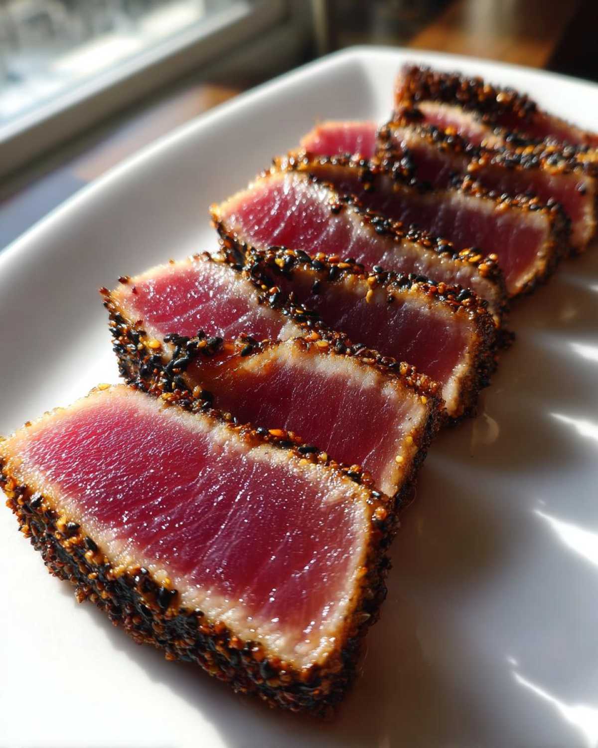 Slices of perfectly seared ahi tuna, crusted with sesame seeds, showing a rare, deep red center.