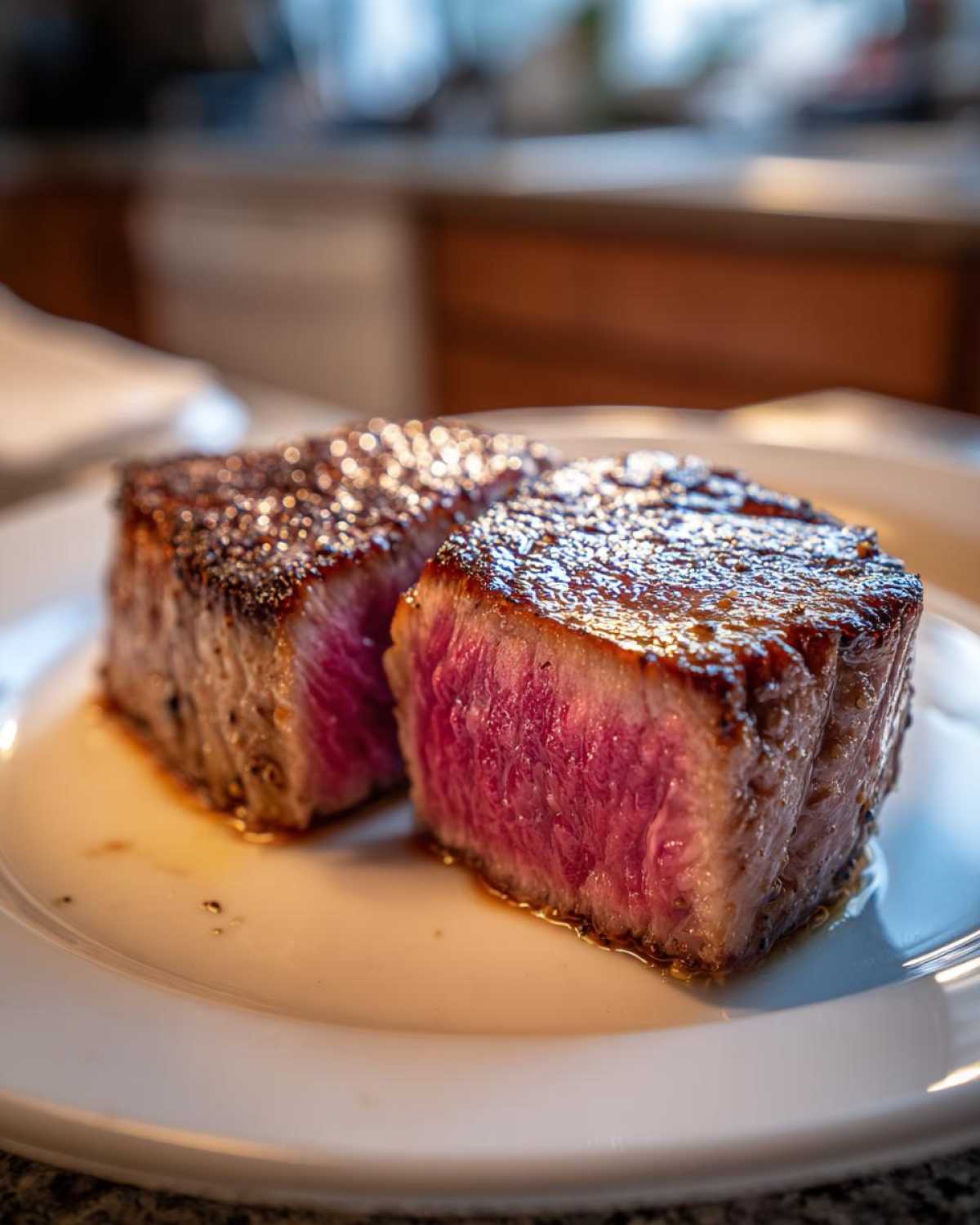 Two thick-cut steaks, perfectly seared with a bright pink medium-rare center, ready to be served after using a MARINADE FOR TUNA STEAK recipe.