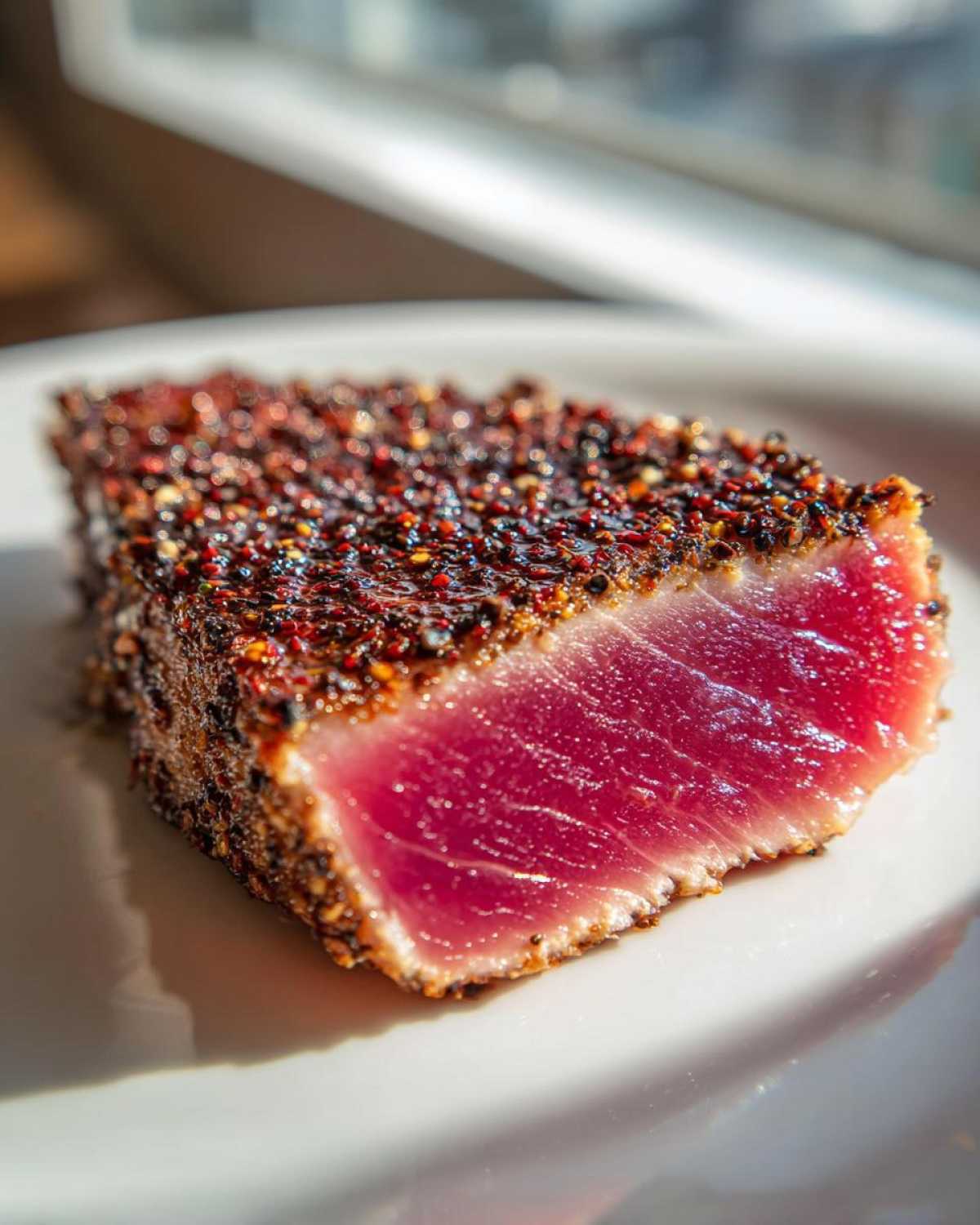 Close-up of a perfectly seared tuna steak with a thick, dark peppercorn crust, showing a rare, bright pink interior, ready after using the MARINADE FOR TUNA STEAK.