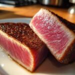Two thick slices of seared tuna steak showing a bright red, rare center and a dark, seasoned crust, perfect for a MARINADE FOR TUNA STEAK.