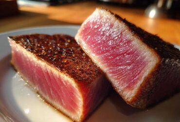 Two thick slices of seared tuna steak showing a bright red, rare center and a dark, seasoned crust, perfect for a MARINADE FOR TUNA STEAK.