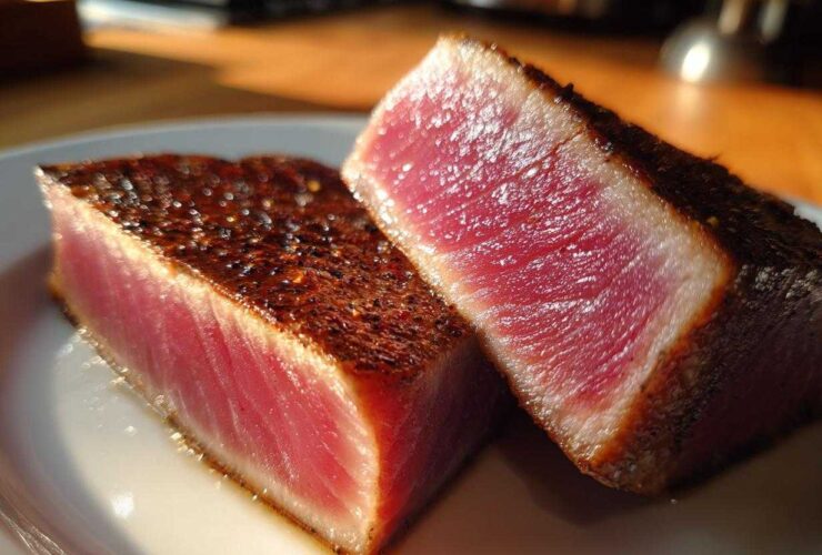Two thick slices of seared tuna steak showing a bright red, rare center and a dark, seasoned crust, perfect for a MARINADE FOR TUNA STEAK.