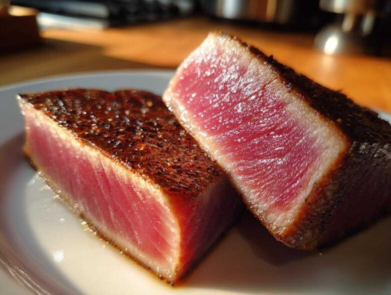 Two thick slices of seared tuna steak showing a bright red, rare center and a dark, seasoned crust, perfect for a MARINADE FOR TUNA STEAK.