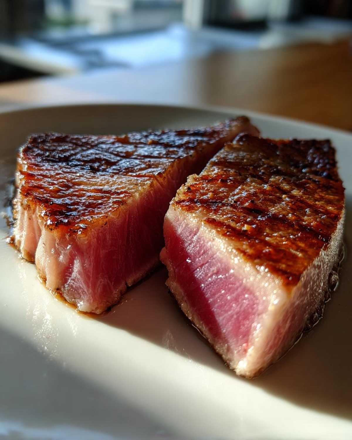 Two thick slices of seared tuna steak, rare in the center, showcasing the results of the MARINADE FOR TUNA STEAK.