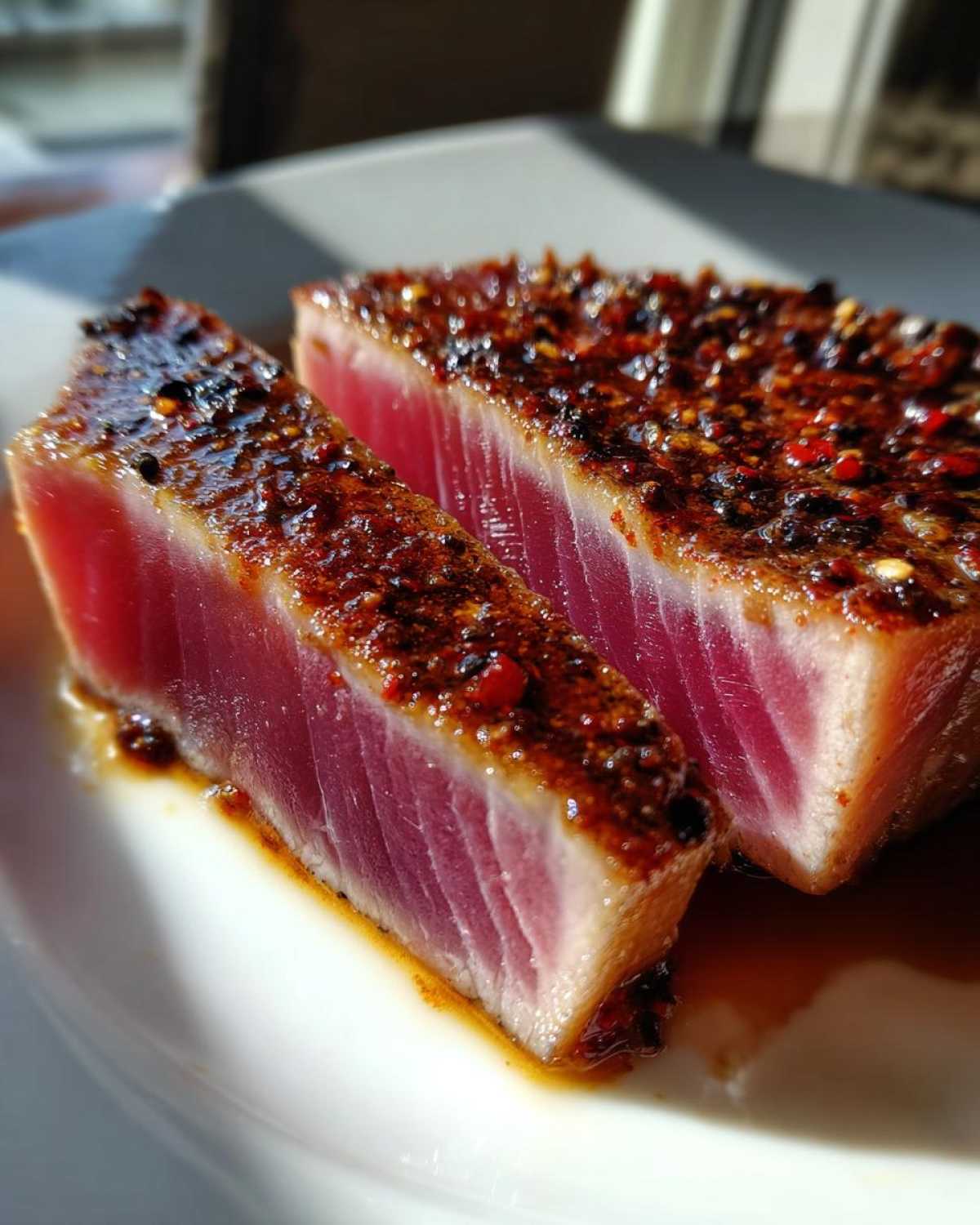 Two thick slices of seared tuna steak, rare in the center, coated in a vibrant spice rub, perfect for a MARINADE FOR TUNA STEAK.